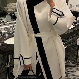 Color Block Urban Loose Cardigan Sweater With Belt, Cardigans, color:Black-white|size:XXL, Stylewe