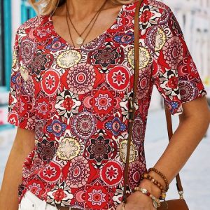 Boho Short Sleeve Top, Tops, color:Red|size:XXL, catalog Noracora shop