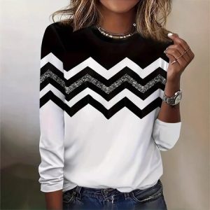 Casual Loose Geometric Crew Neck T-Shirt, Long sleeves, Lilicloth.com