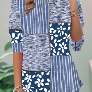 Casual Striped Crew Neck Long Sleeve T-shirt, Blouses, color:Blue|size:XXL, catalog Noracora shop
