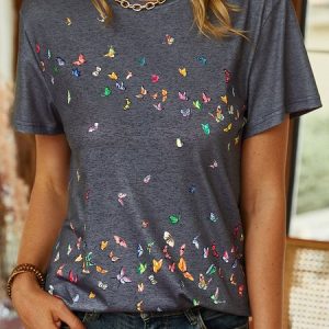 Butterfly Printed Short Sleeve T-Shirt, T-shirts, color:Gray|size:XXL, catalog Noracora shop