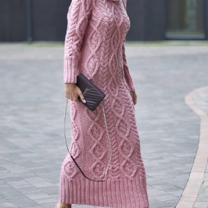 Casual Turtleneck Sweater Dress, Maxi Dresses, color:Pink|size:XXL, Stylewe