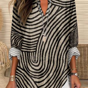 Notched Long Sleeve Abstract Stripes Regular Loose Blouse For Women, Blouses, color:Khaki|size:4XL, catalog Noracora shop