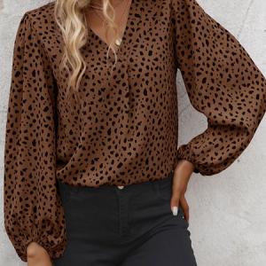 V Neck Long Sleeve Leopard Regular Micro-Elasticity Loose Blouse For Women, Blouses, color:Brown|size:XL, catalog Noracora shop
