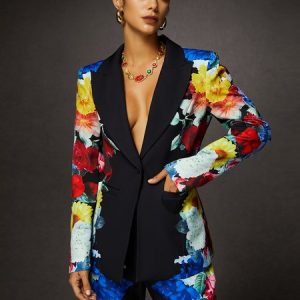 Tuxedo Lapel Collar Floral Urban Blazer, Blazers, color:As Picture|size:XXL, Stylewe