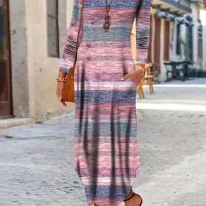 Women Striped Crew Neck Long Sleeve Comfy Casual Maxi Dress, Dresses, color:Multicolor|size:XXL, catalog Noracora shop