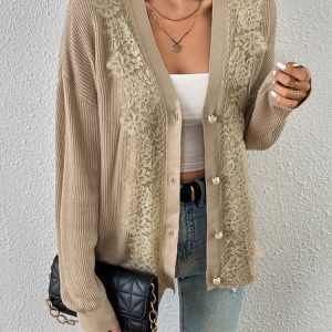 Women Wool/Knitting Plain Long Sleeve Comfy Casual Cardigan, Sweaters, color:Khaki|size:L, catalog Noracora shop
