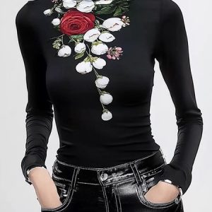 Regular Sleeve Printing Turtleneck Floral Urban T-Shirt, Tees, color:Black|size:XXL, Stylewe