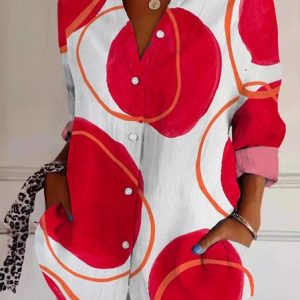 Shirt Collar Long Sleeve Geometric Lightweight Regular Fit Shirt For Women, Shirts, color:Red|size:XXL, catalog Noracora shop