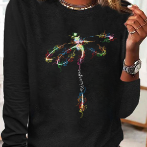 Casual Dragonfly Crew Neck Long Sleeve T-shirt, T-shirts, color:Black|size:XXL, catalog Noracora shop