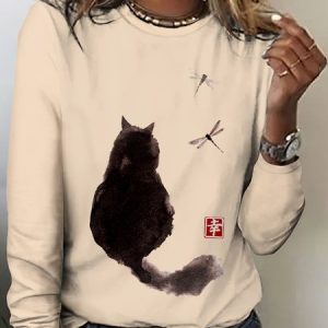 Casual Animal Crew Neck Long Sleeve T-shirt, T-shirts, color:Khaki|size:4XL, catalog Noracora shop