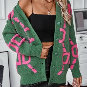 Women Wool/Knitting Abstract Long Sleeve Comfy Casual Cardigan, Sweaters, color:Green|size:XL, catalog Noracora shop