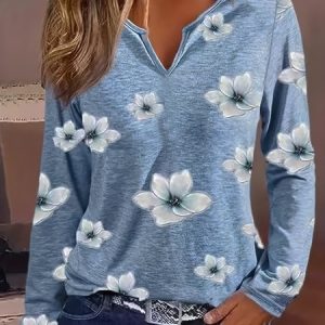 Casual Floral Notched Long Sleeve T-shirt, T-shirts, color:Blue|size:XXL, catalog Noracora shop