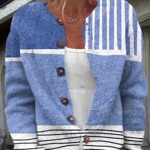 Women's Casual Spring/Fall Striped Buttoned Cardigan, JustFashionNow Cardigans, color:Blue|size:3XL,