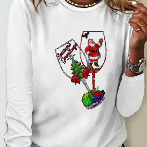Women's Long Sleeve Tee T-shirt Spring/Fall Christmas Wine Glass Jersey Crew Neck Daily Going Out Casual Top, JustFashionNow T-Shirts, color:White|size:4XL,