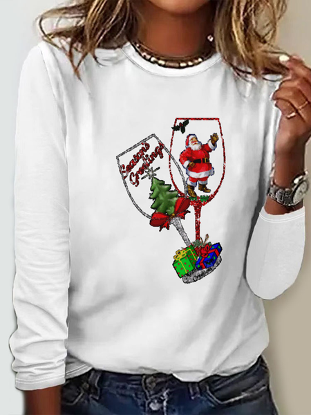 Women's Long Sleeve Tee T-shirt Spring/Fall Christmas Wine Glass Jersey Crew Neck Daily Going Out Casual Top, JustFashionNow T-Shirts, color:White|size:4XL,