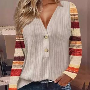 V Neck Long Sleeve Striped Regular Micro-Elasticity Loose Blouse For Women, Blouses, color:Apricot|size:4XL, catalog Noracora shop