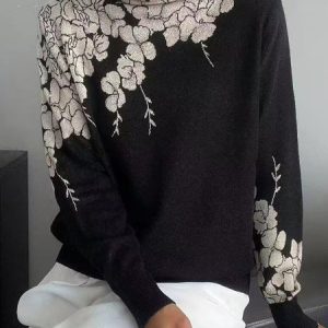 Casual Turtleneck Regular Sleeve Plants Sweater, Pullovers, color:Black|size:XXL, Stylewe
