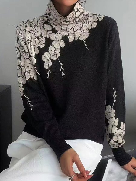 Casual Turtleneck Regular Sleeve Plants Sweater, Pullovers, color:Black|size:XXL, Stylewe