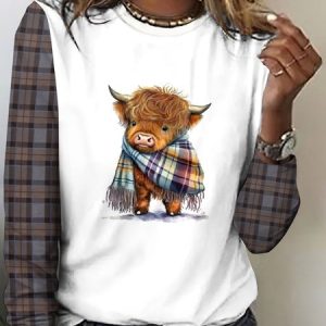 Retro plaid color blocked highland cow casual long sleeved T-shirt, Long sleeves, Lilicloth.com