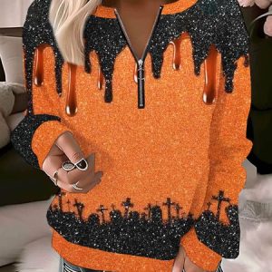 Casual Crew Neck Halloween Sweatshirt Zipper, Hoodies & Sweatshirts, color:Orange|size:XXL, catalog Noracora shop