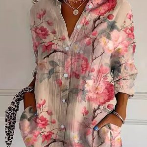 Shirt Collar Long Sleeve Floral Regular Loose Shirt For Women, Shirts, color:Pink|size:4XL, catalog Noracora shop