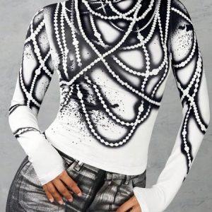 Mock Neck Printing Urban T-Shirt, Tees, color:Black-white|size:XXL, Stylewe