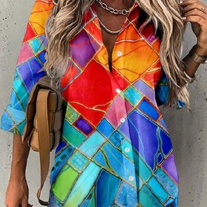 Shirt Collar Long Sleeve Colorblock Buttoned Regular Loose TUNIC Shirt For Women, Shirts, color:Multicolor|size:4XL, catalog Noracora shop