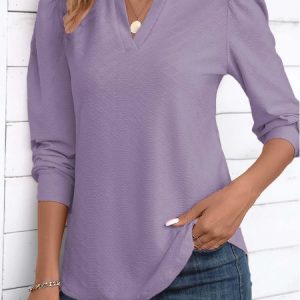 Notched Long Sleeve Plain Regular Micro-Elasticity Loose Blouse For Women, Blouses, color:Purple|size:XXL, catalog Noracora shop