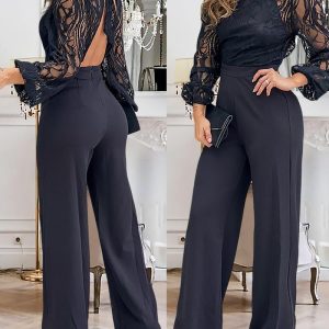Contrast Lace Stand Collar Tied Detail Backless Straight Pants Lantern Sleeve Jumpsuit Elegant Overall, women Jumpsuits, ChicMe catalog