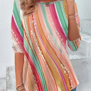 Abstract Stripe Print Long Sleeve Crew Neck T-shirt, T-shirts, Lilicloth.com