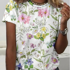 Casual Floral Crew Neck Short Sleeve T-shirt, T-shirts, color:White|size:4XL, catalog Noracora shop