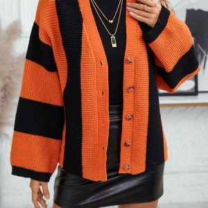 Women Wool/Knitting Striped Long Sleeve Comfy Casual Cardigan, Sweaters, color:Rust|size:XL, catalog Noracora shop