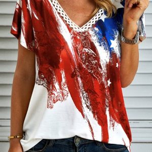 Flag Star Striped Printed Casual Loosen V NeckShort Sleeve T-Shirt, T-shirts, color:As Picture|size:XXL, catalog Noracora shop