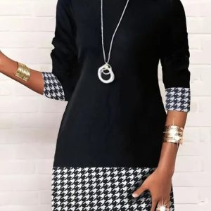 Women's Long Sleeve Spring/Fall Houndstooth Dress Daily Going Out Casual Mini H-Line, JustFashionNow Dresses, color:Black-white|size:XXL,