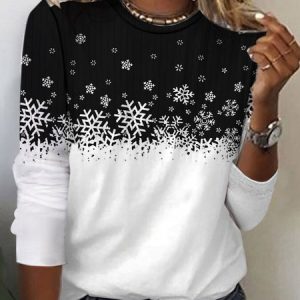 Casual Snowflake Crew Neck Long Sleeve T-shirt, Blouses, color:Black|size:XXL, catalog Noracora shop