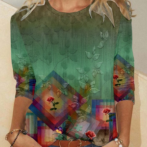 Casual Ethnic Crew Neck Long Sleeve T-shirt, T-shirts, color:Green|size:4XL, catalog Noracora shop