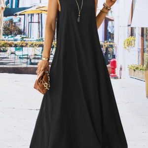 Plain Sleeveless Crew Neck Casual Weaving Dress, Maxi, color:Black|size:XS, catalog Noracora shop