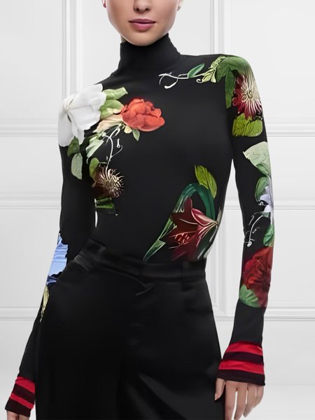 Urban Tight Floral Long Sleeve T-Shirt, Tees, color:As Picture|size:XXL, Stylewe