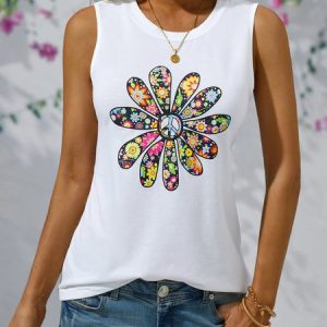 Floral-Print Cotton-Blend Casual Crew Neck Top, Tanks & Camis, color:White|size:XXL, catalog Noracora shop