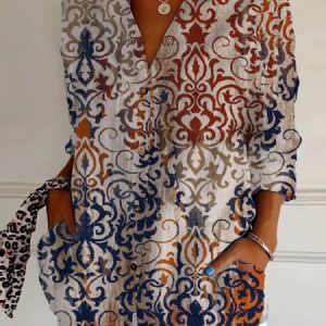Shirt Collar Long Sleeve Ethnic Regular Loose Shirt For Women, Shirts, color:Multicolor|size:5XL, catalog Noracora shop