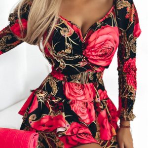 Floral Print Sweetheart Neck Gigot Sleeve Cinched Waist Party Dress Casual Shirred Layered Ruffle Hem Mini Dress with Belt, women Print Dresses, ChicMe catalog