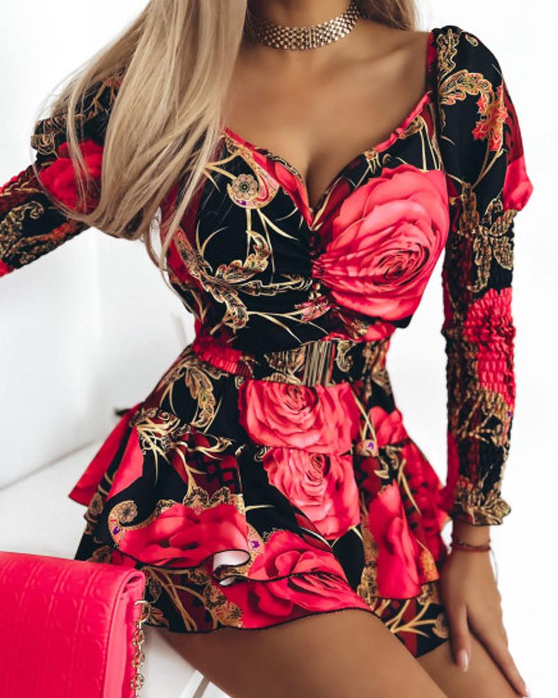 Floral Print Sweetheart Neck Gigot Sleeve Cinched Waist Party Dress Casual Shirred Layered Ruffle Hem Mini Dress with Belt, women Print Dresses, ChicMe catalog