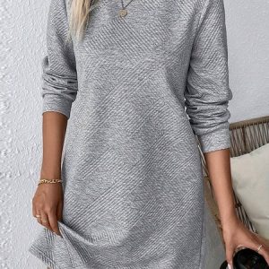 Women Plain Crew Neck Long Sleeve Comfy Casual Jacquard Mini Dress, Dresses, color:Gray|size:XL, catalog Noracora shop