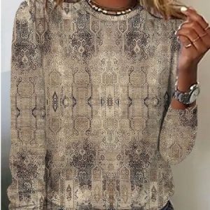 Casual Geometric Crew Neck Long Sleeve T-shirt, T-shirts, color:Khaki|size:5XL, catalog Noracora shop