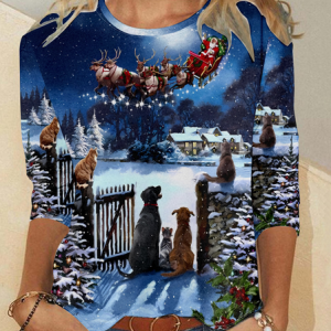 Casual Christmas Crew Neck Long Sleeve T-shirt, T-shirts, color:Blue|size:L, catalog Noracora shop