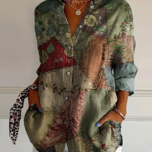 Shirt Collar Long Sleeve Ethnic Geometry Regular Loose Shirt For Women, Shirts, color:Green|size:XXL, catalog Noracora shop