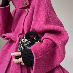 Buttoned Urban Stand Collar Coat With Belt, Coats, color:Pink|size:XXL, Stylewe
