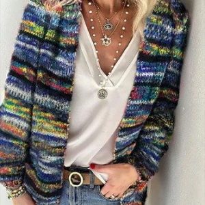 Women Striped Long Sleeve Comfy Vintage Cardigan, Cardigans, color:Blue|size:4XL, catalog Noracora shop