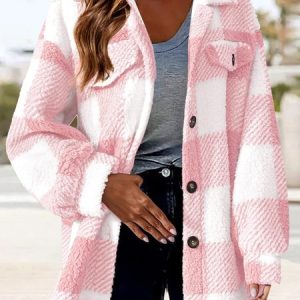 Women's Winter Outerwear Fluff/Granular Fleece Fabric Casual Buttoned Plaid Long Sleeve Shawl Collar Fleece Coat, JustFashionNow Jackets, color:Pink|size:5XL,